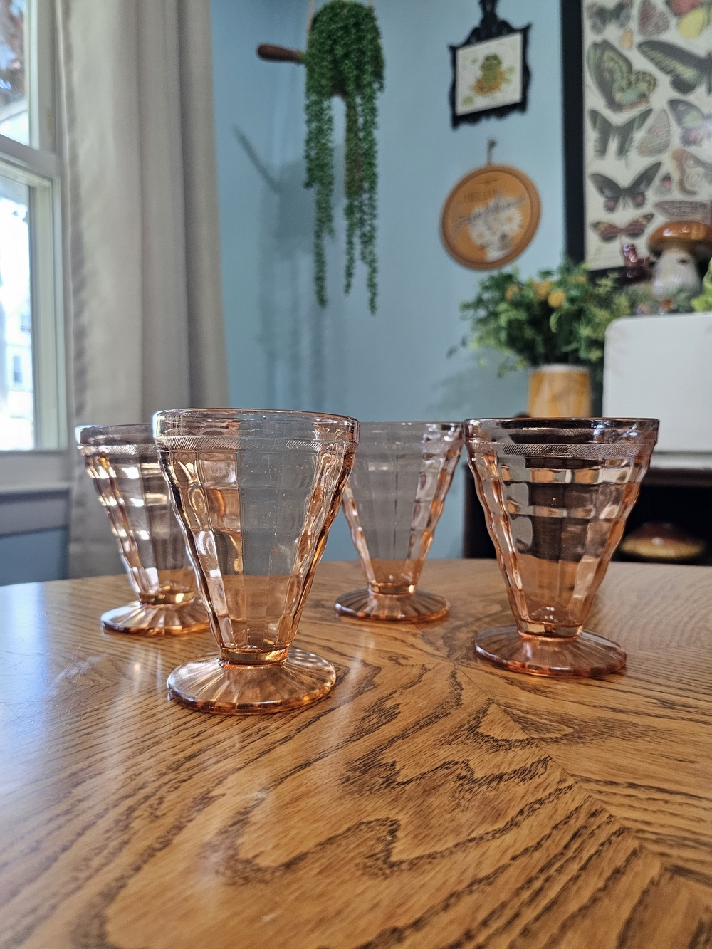 Antique 30s Anchor Hocking Pink Depression Glass Optic Block Sundae Tumbler Set
